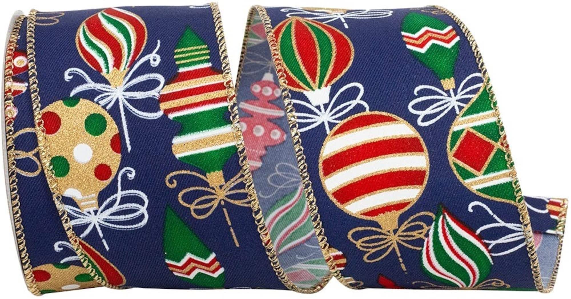 JAM Paper 2.5" x 10yd. Navy Christmas Ornaments Wired Edge Ribbon